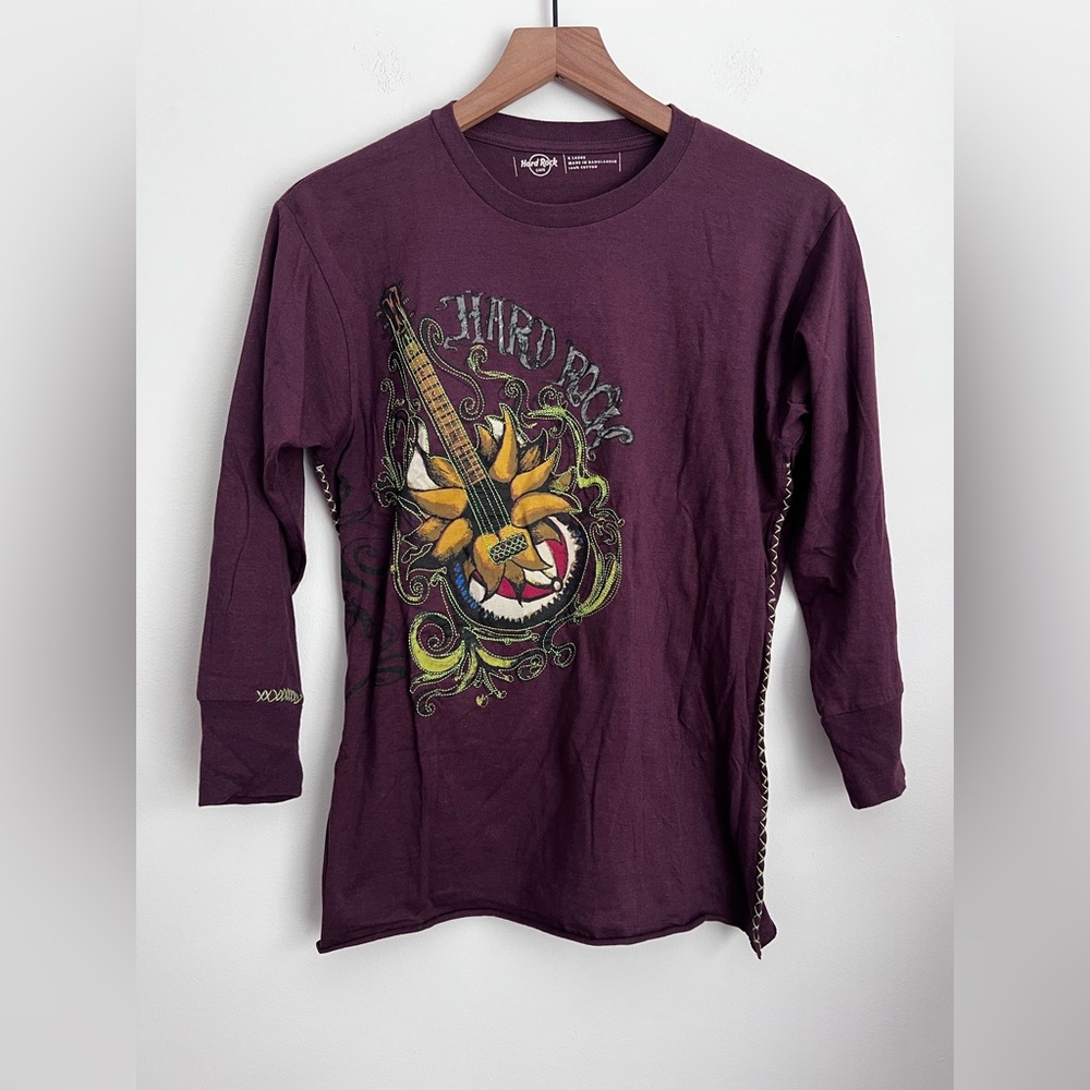 Hard Rock Cafe purple tee shirt long sleeve guitar print contrast stitch y2k XL
